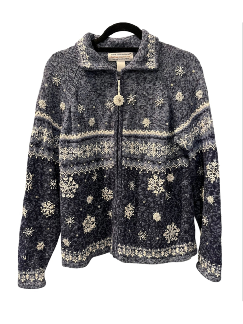 Vtg 2004 Tiara International Snowflake Zip Up Christmas Sweater Cardigan Blue S